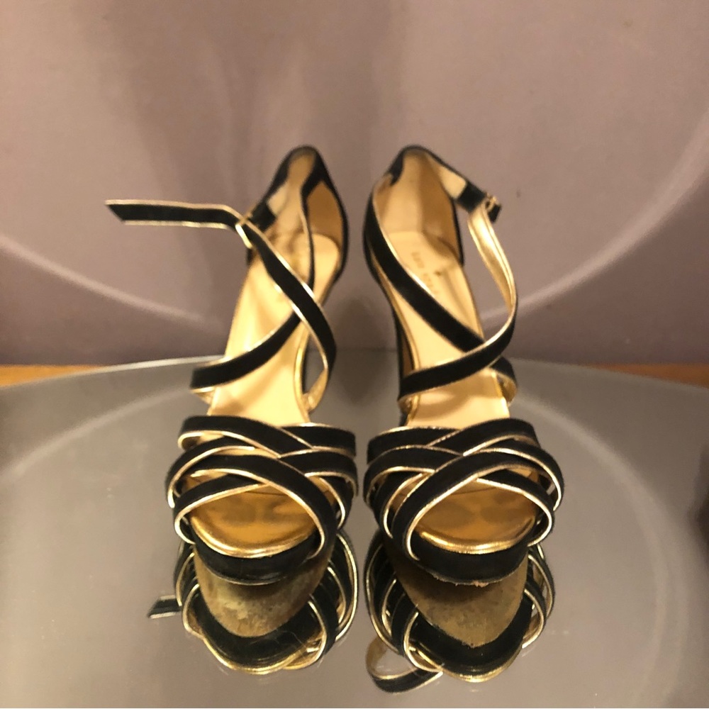 KATE SPADE ♠️ Ginger Black Gold Strappy Sandals Heels Platform Made in Italy 7.5 - Picture 2 of 4